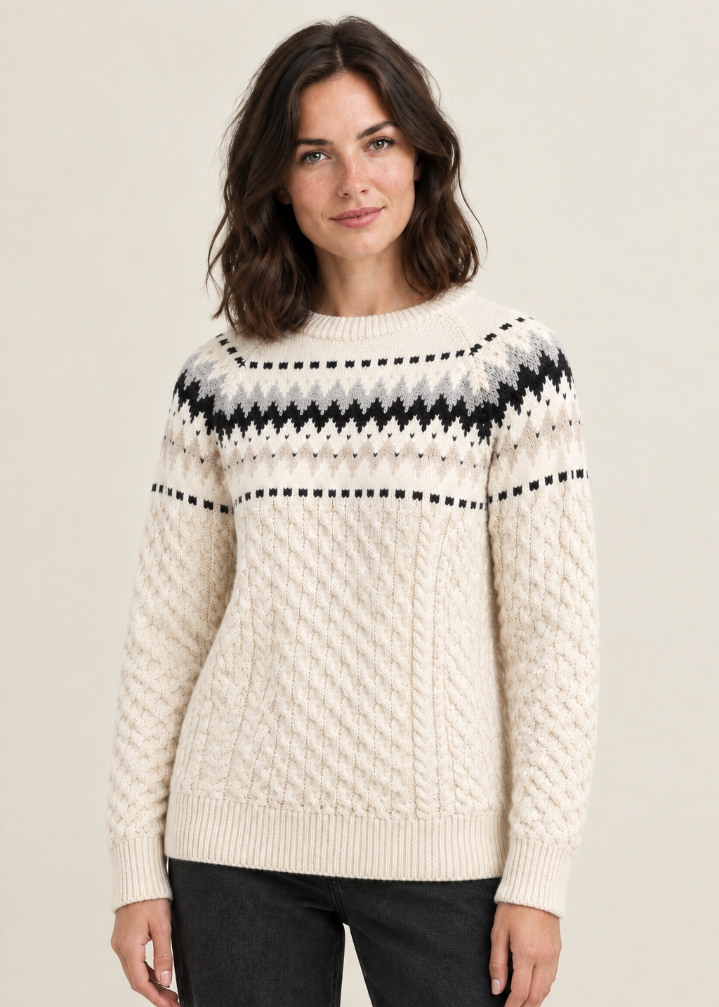 Ladies Slim-Fit Aran Fair Isle Sweater | Natural