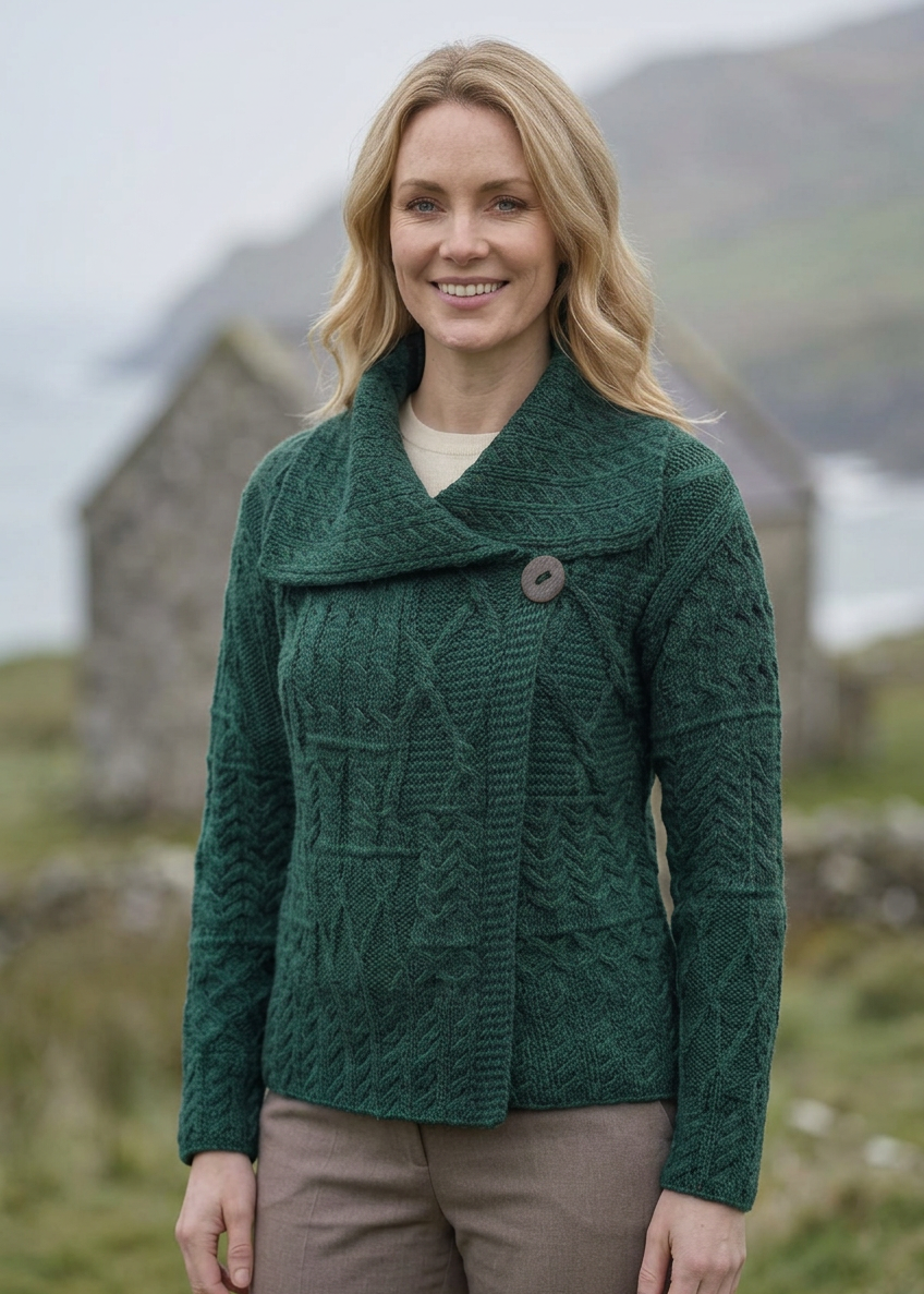Ladies Merino Aran Cardigan | Green