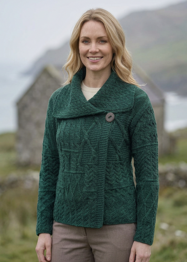 Ladies Merino Aran Cardigan | Green
