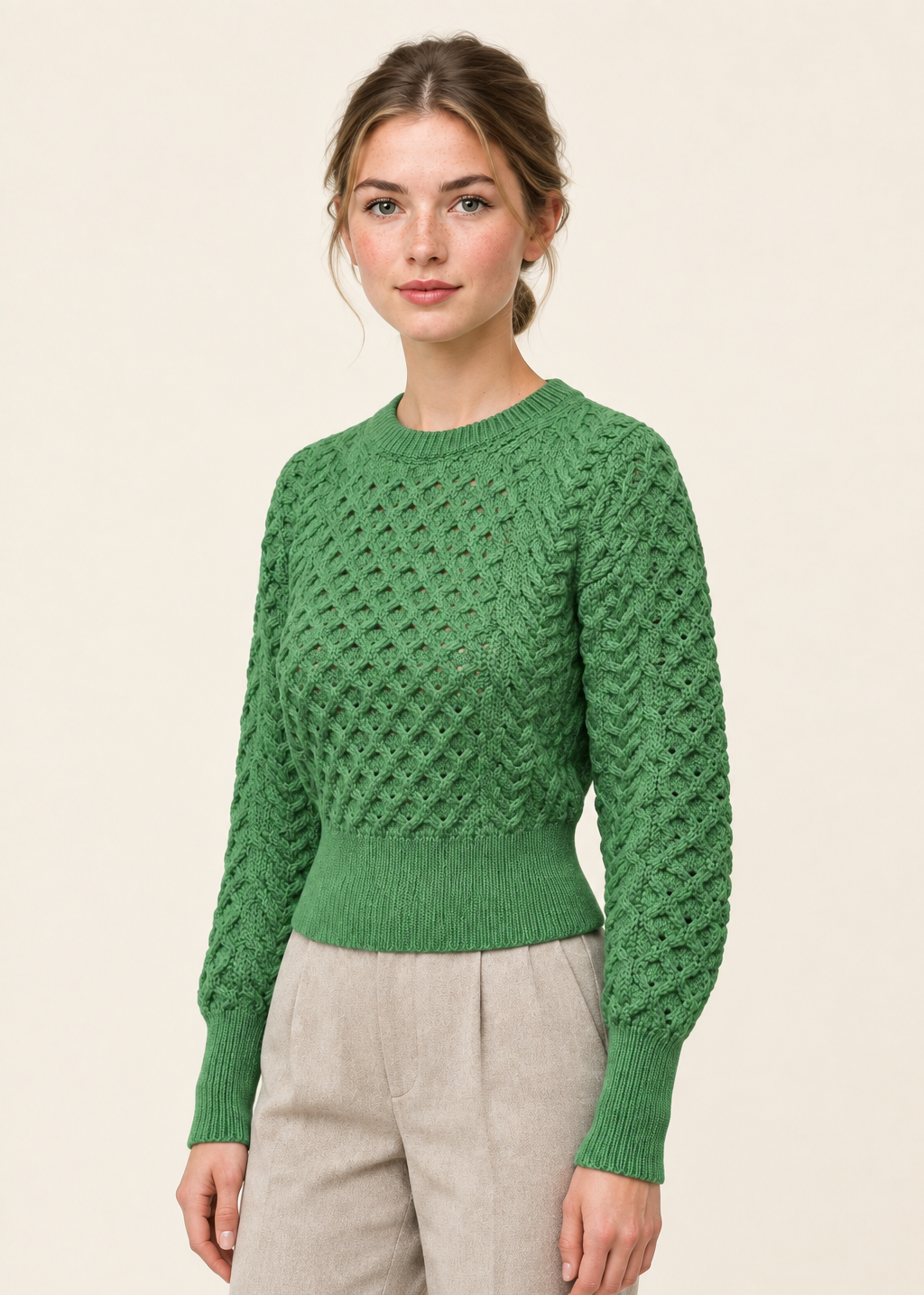 Ladies Merino Cropped Classic Aran Sweater | Green