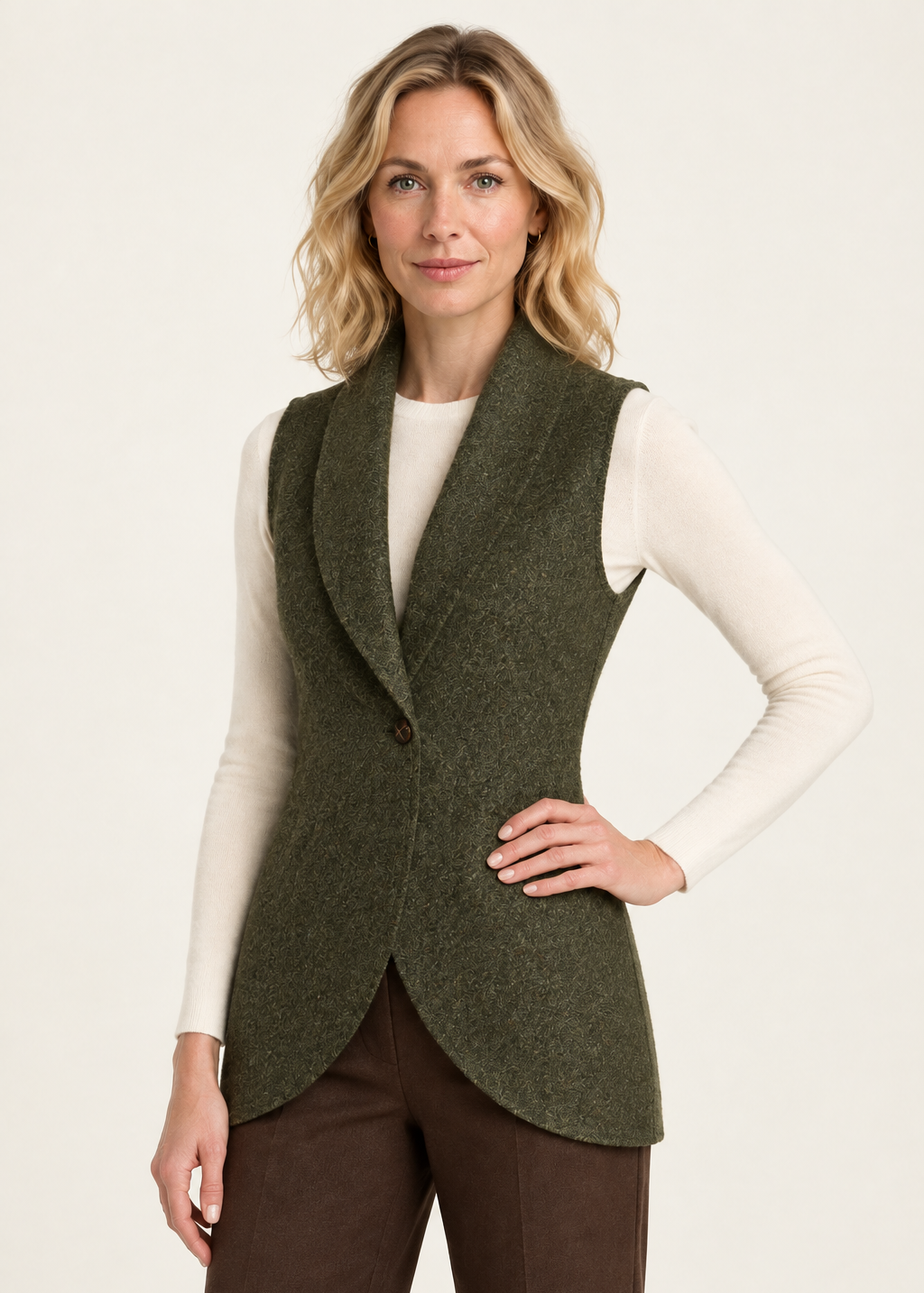 Women's Aran Pure New Wool Vest | Green - Clearance
