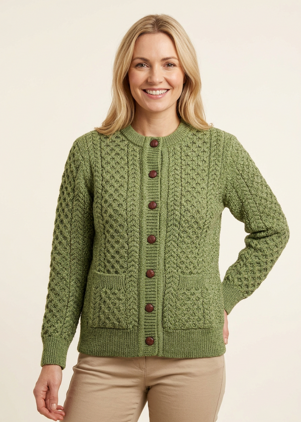 Aran Lumber Cardigan | Green Leaf | 100% Merino Wool