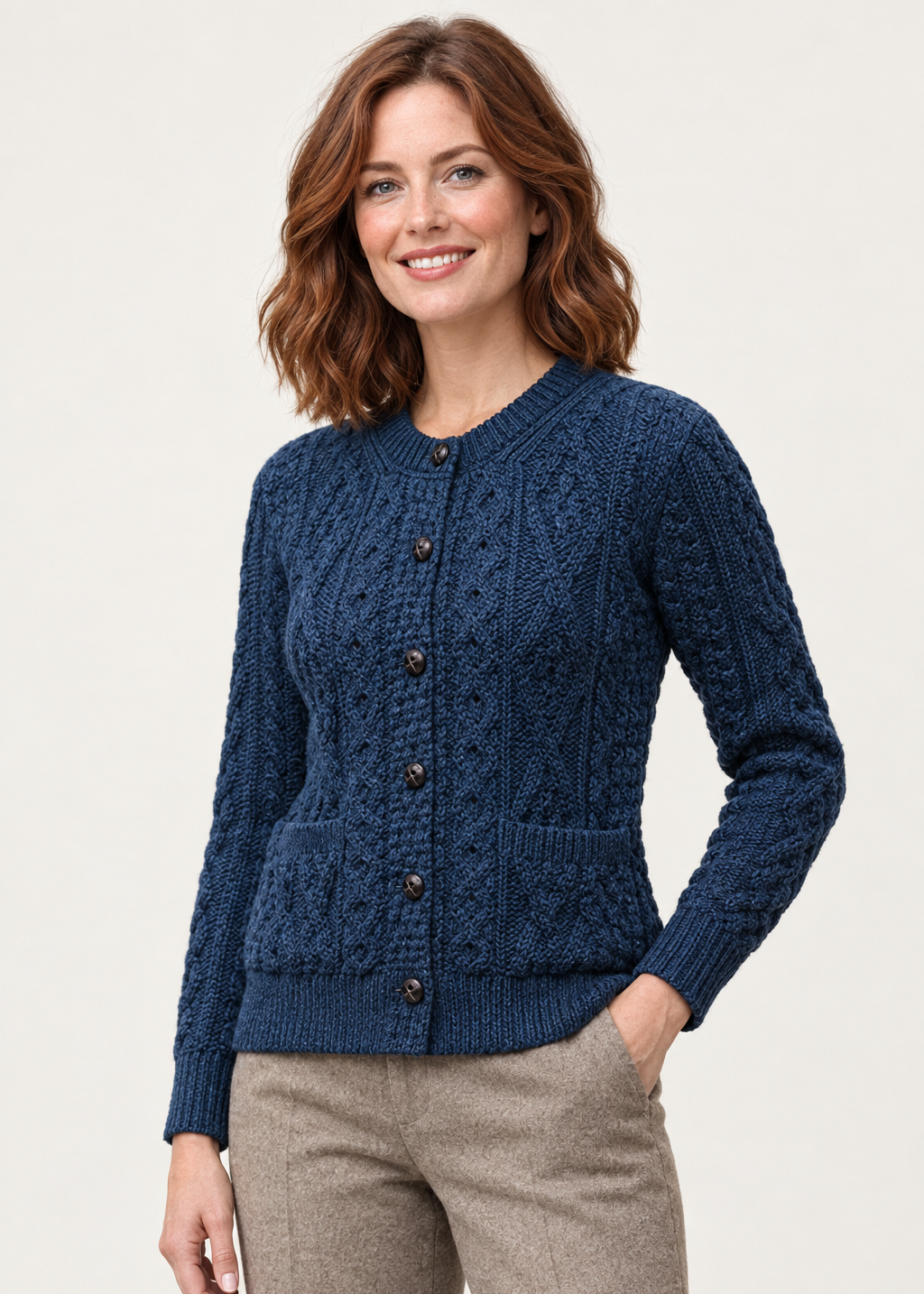 Women's Aran Cardigan Navy Green Mix | Authentic Irish Cable Knit