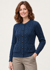 Women's Aran Cardigan Navy Green Mix | Authentic Irish Cable Knit