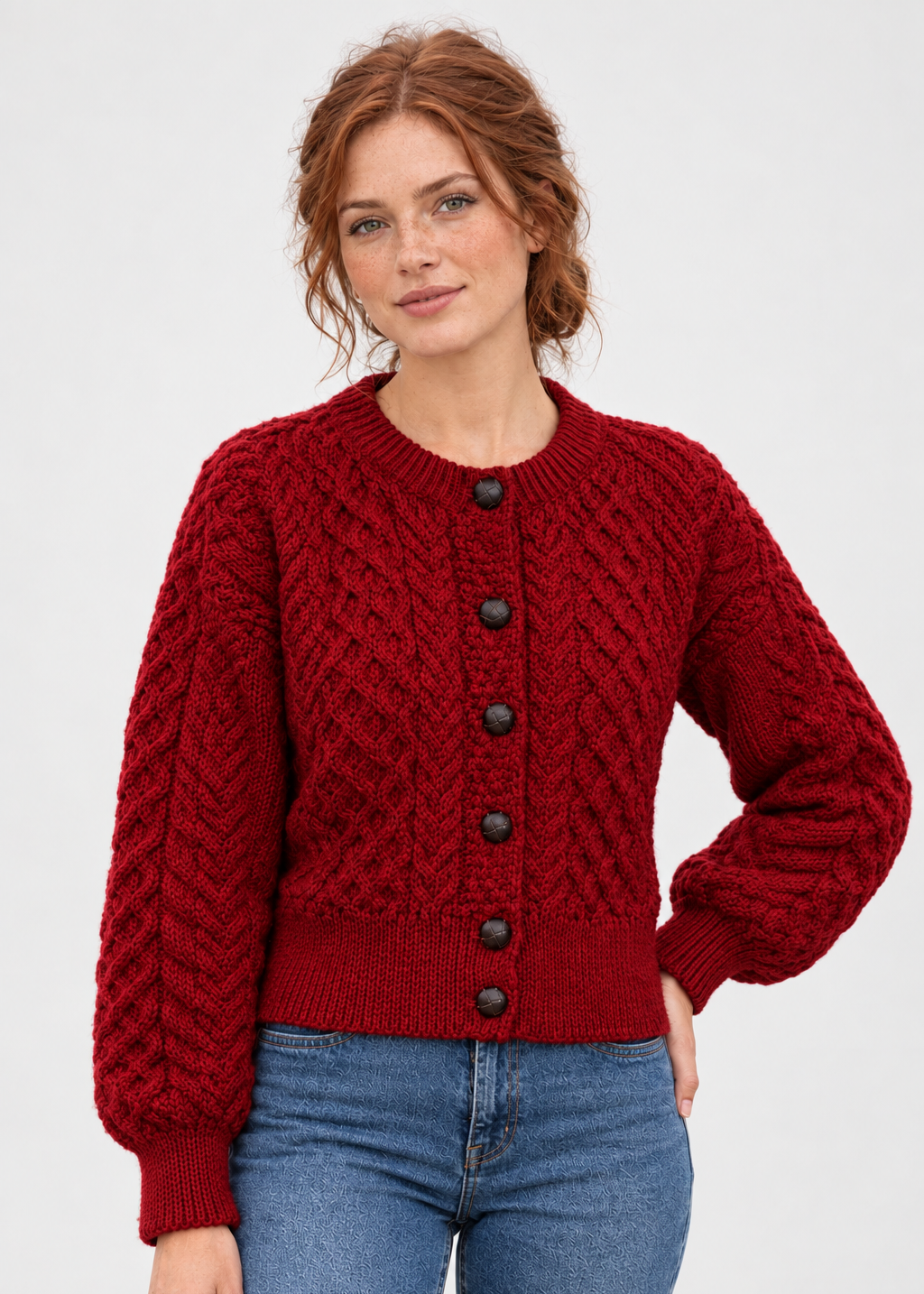 Ladies Merino Cropped Classic Aran Cardigan | Red