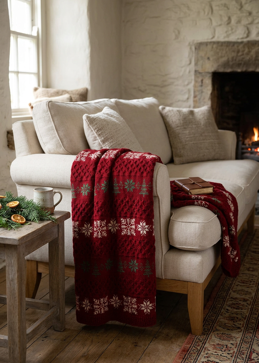 Aran Christmas Merino Wool Throw | Red