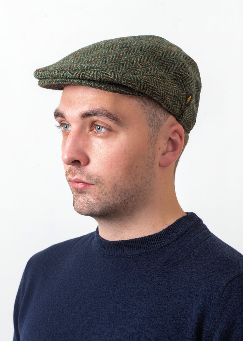 Donegal Tweed Flat Cap Green Herringbone | Handmade Irish Heritage Cap