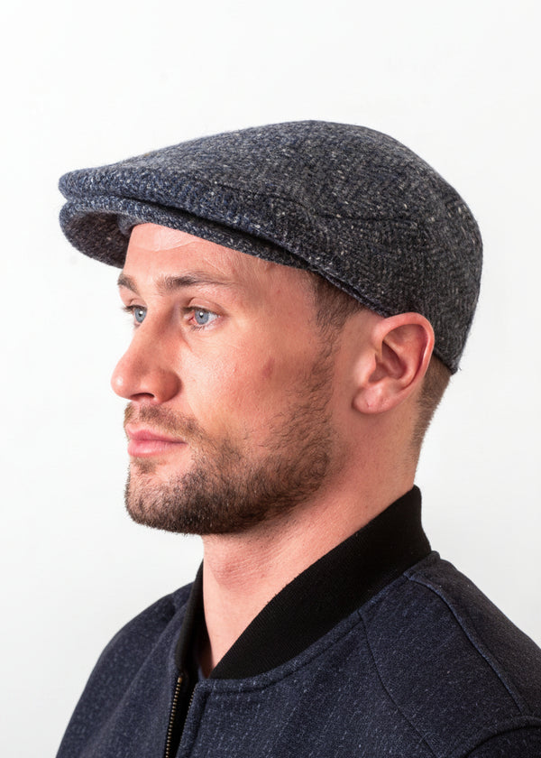 Donegal Tweed Flat Cap | Herringbone Blue Speck | Handcrafted Irish Heritage