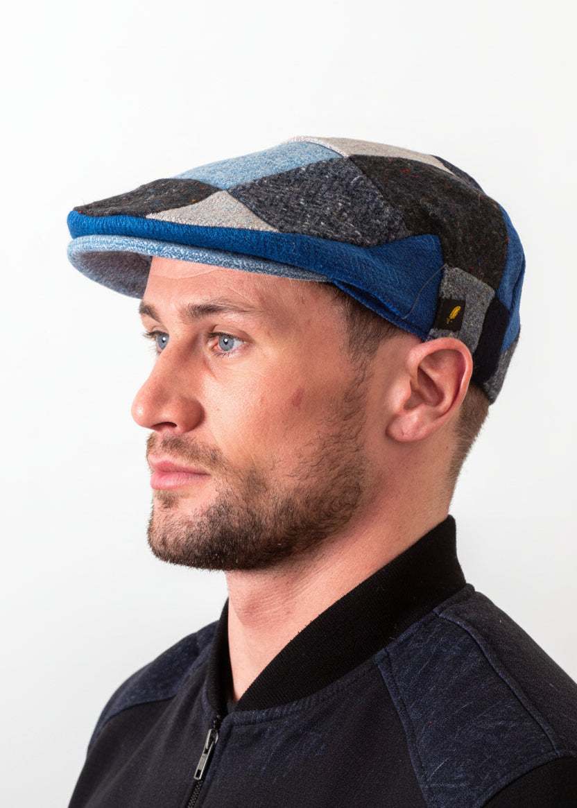 Donegal Tweed Flat Cap | Handcrafted Irish Blue Patch Cap | Hatman of Ireland