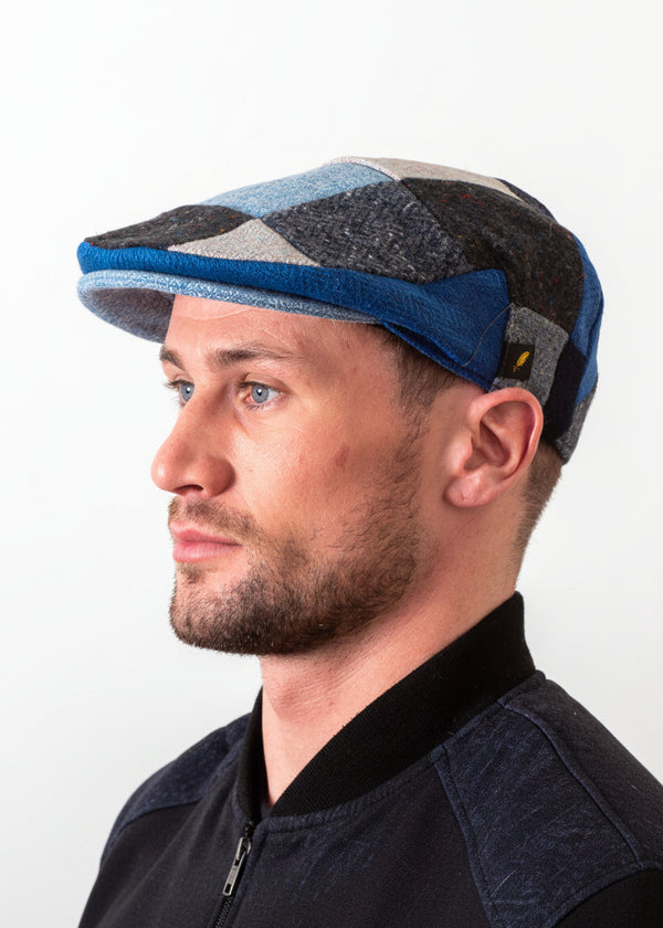Donegal Tweed Flat Cap | Handcrafted Irish Blue Patch Cap | Hatman of Ireland