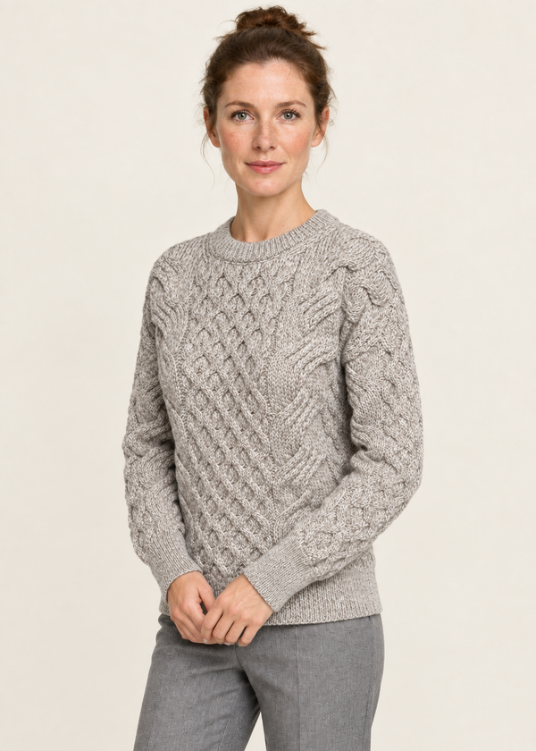 Ladies Long Crop Cable Supersoft Merino Aran Sweater | Oatmeal