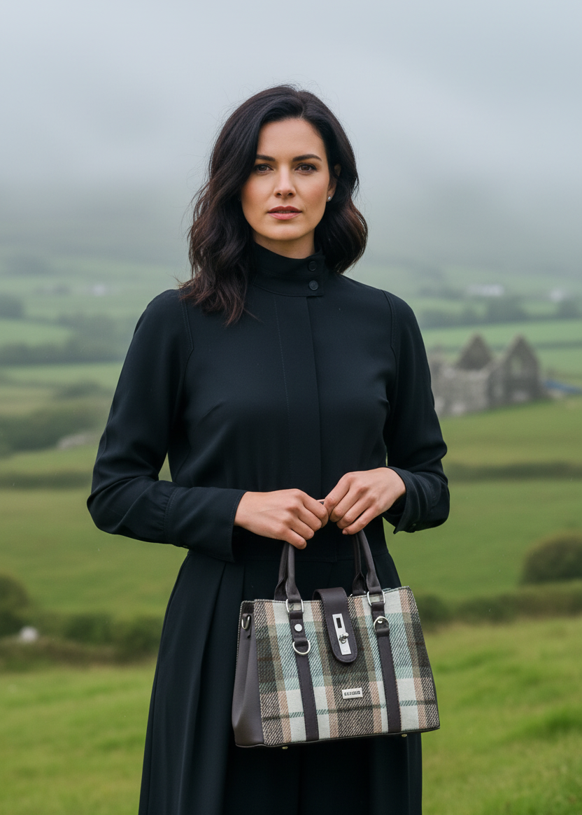 Mucros Jessica Bag | Beige Sage Check Irish Tweed