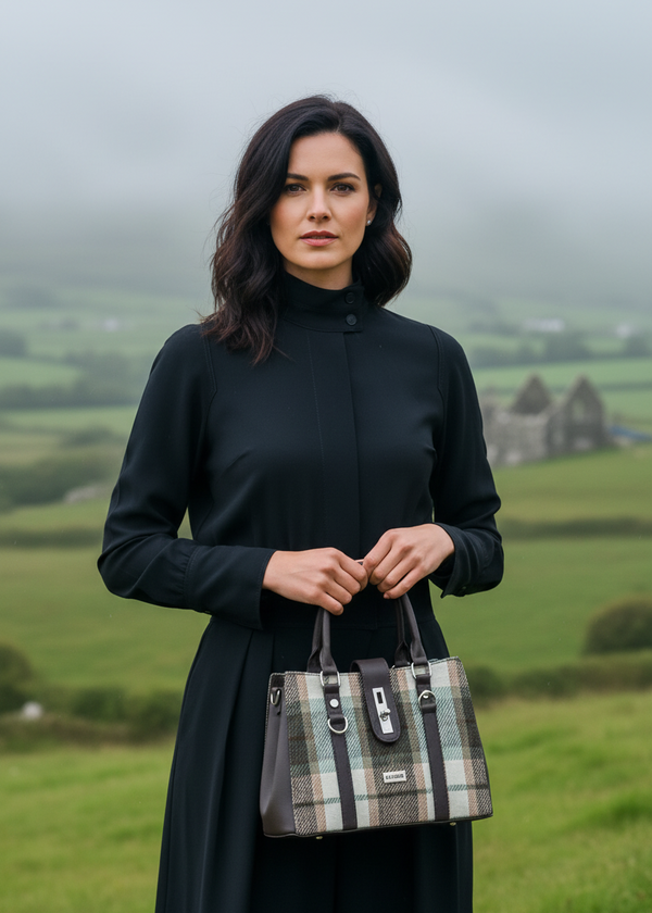 Mucros Jessica Bag | Beige Sage Check Irish Tweed
