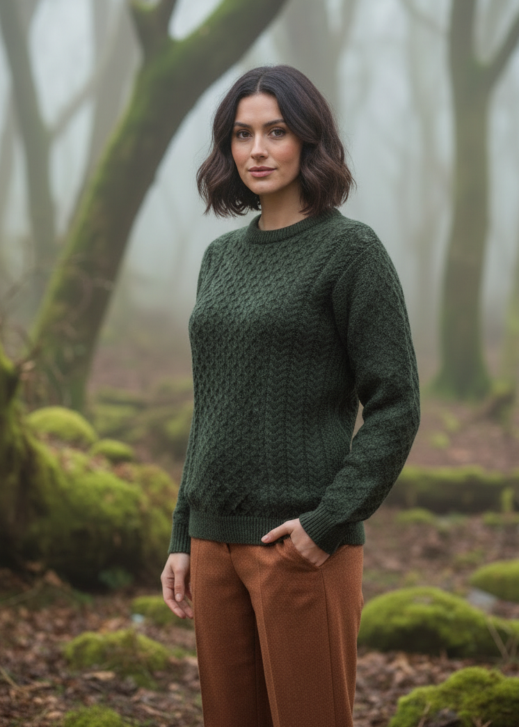 Unisex Aran Crew Neck Merino Wool Sweater | Green
