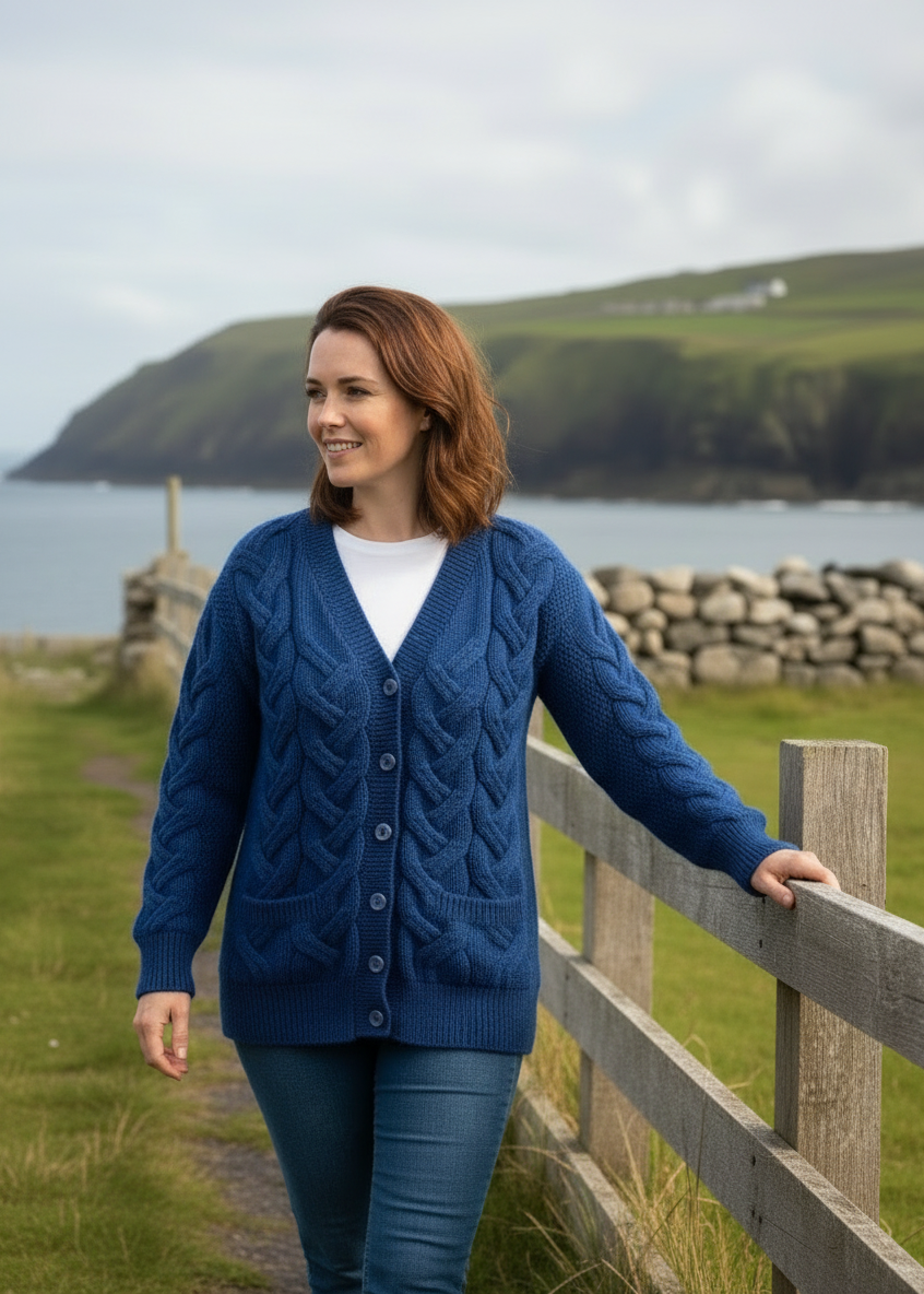 Downpatrick Ladies Aran Cardigan - Handcrafted Irish Merino Wool