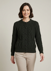 Inagh Ladies Aran Cardigan | Army Green | 100% Worsted Wool