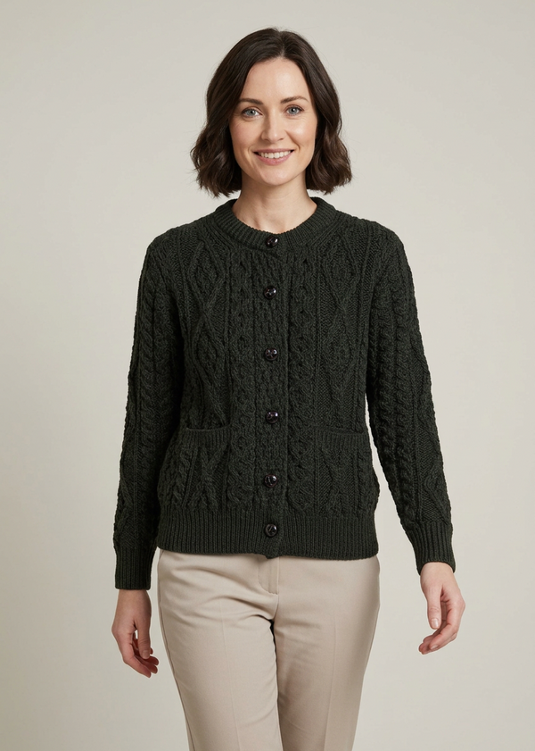 Inagh Ladies Aran Cardigan | Army Green | 100% Worsted Wool