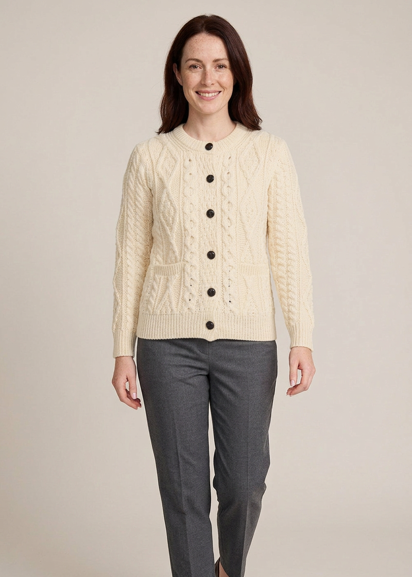 Ladies Aran Cardigan | 100% Wool | Natural