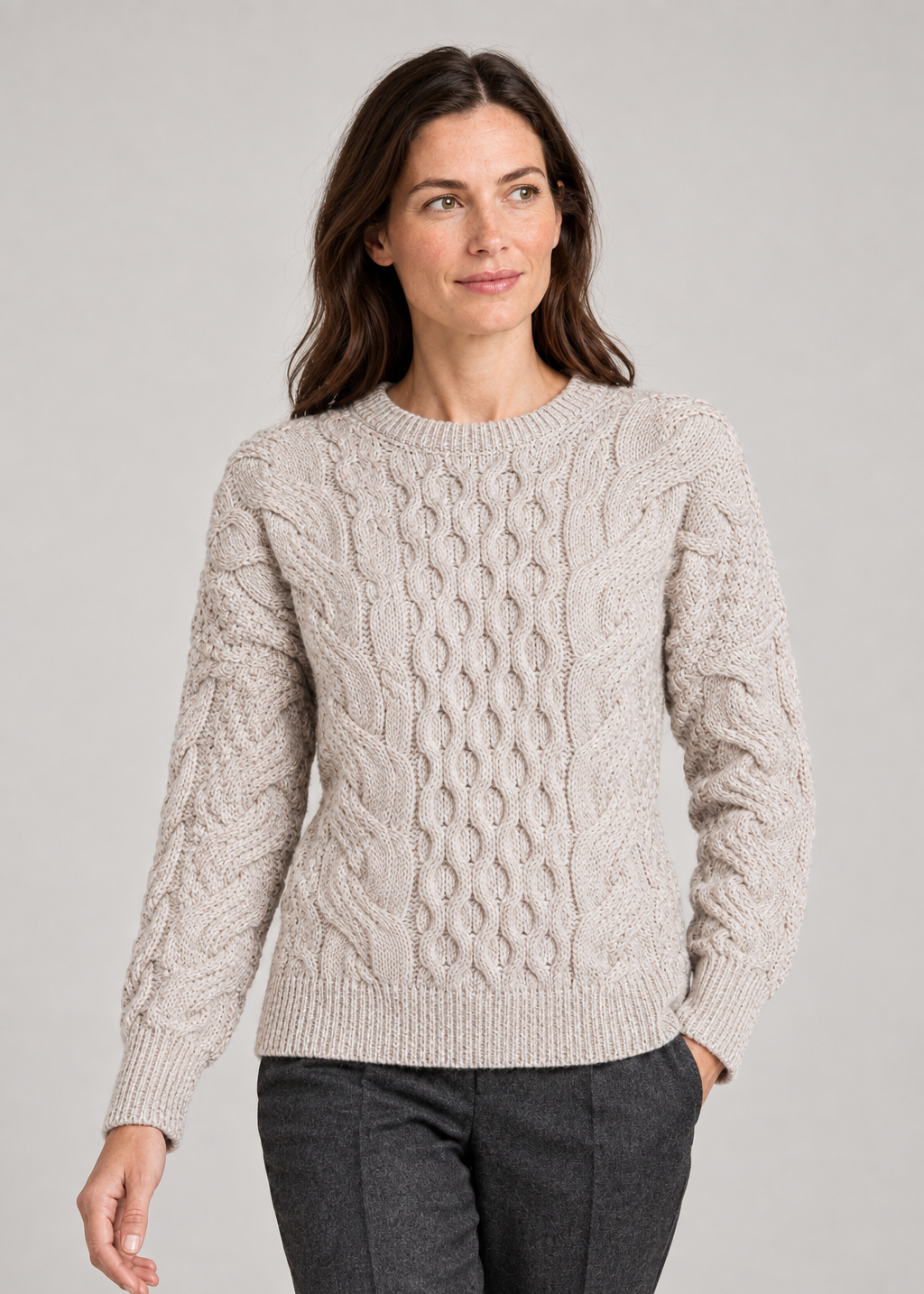 Ladies Long Crop Cable Supersoft Merino Aran Sweater | Oatmeal