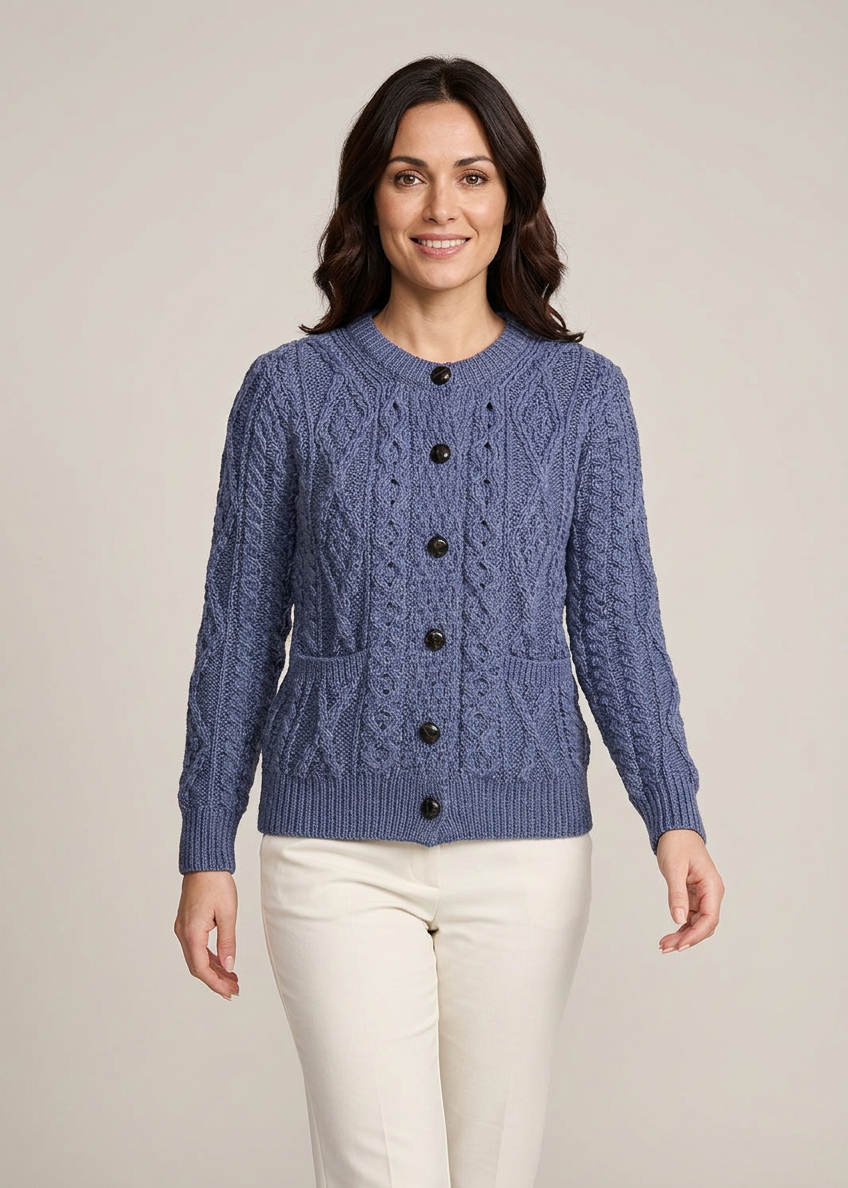 Women's Aran Cardigan in Denim Blue