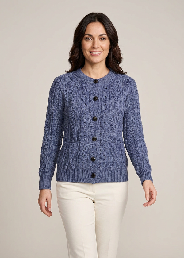 Women's Aran Cardigan in Denim Blue