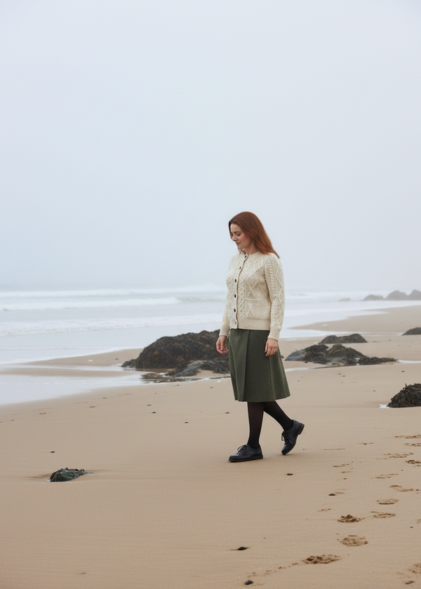 Walking on beach-Ladies Aran Cardigan | 100% Irish Wool | Natural Cream