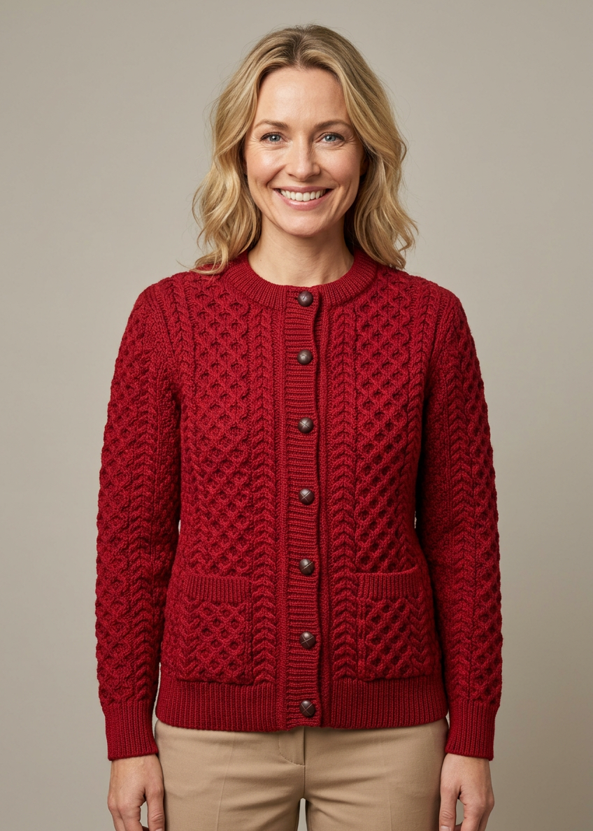 Women's Aran Merino Wool Cardigan | Traditional Honeycomb Knit | Red