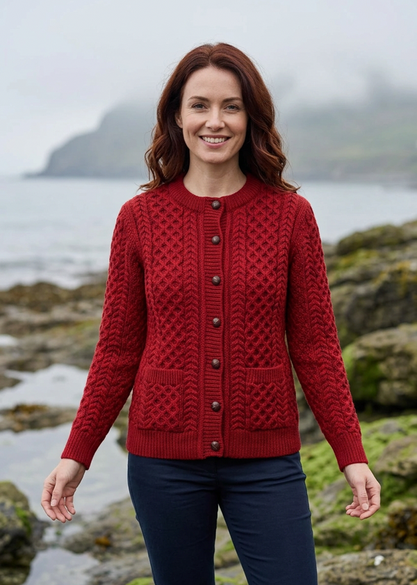 Women's Aran Merino Wool Cardigan | Traditional Honeycomb Knit | Red