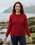 Women's Aran Merino Wool Cardigan | Traditional Honeycomb Knit | Red
