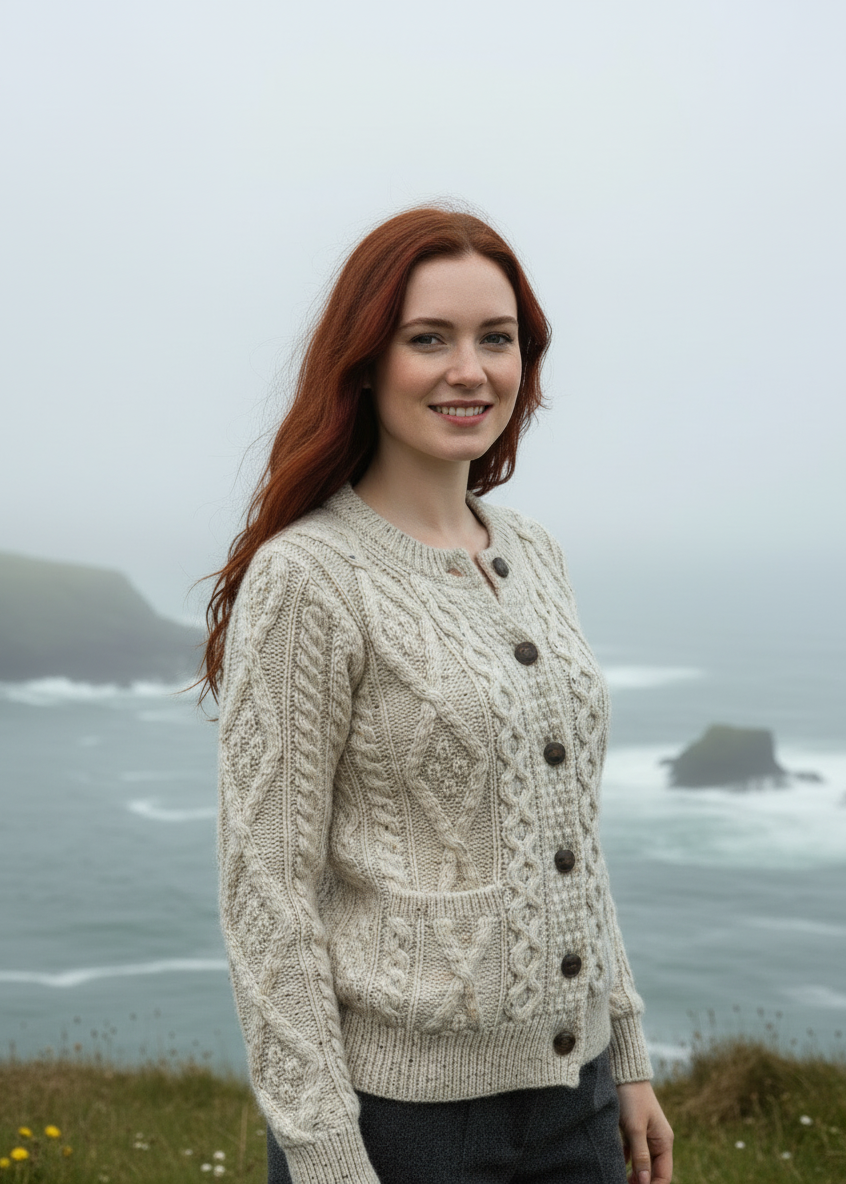 Ladies Aran Cardigan in Flecked Cream | 100% Irish Wool