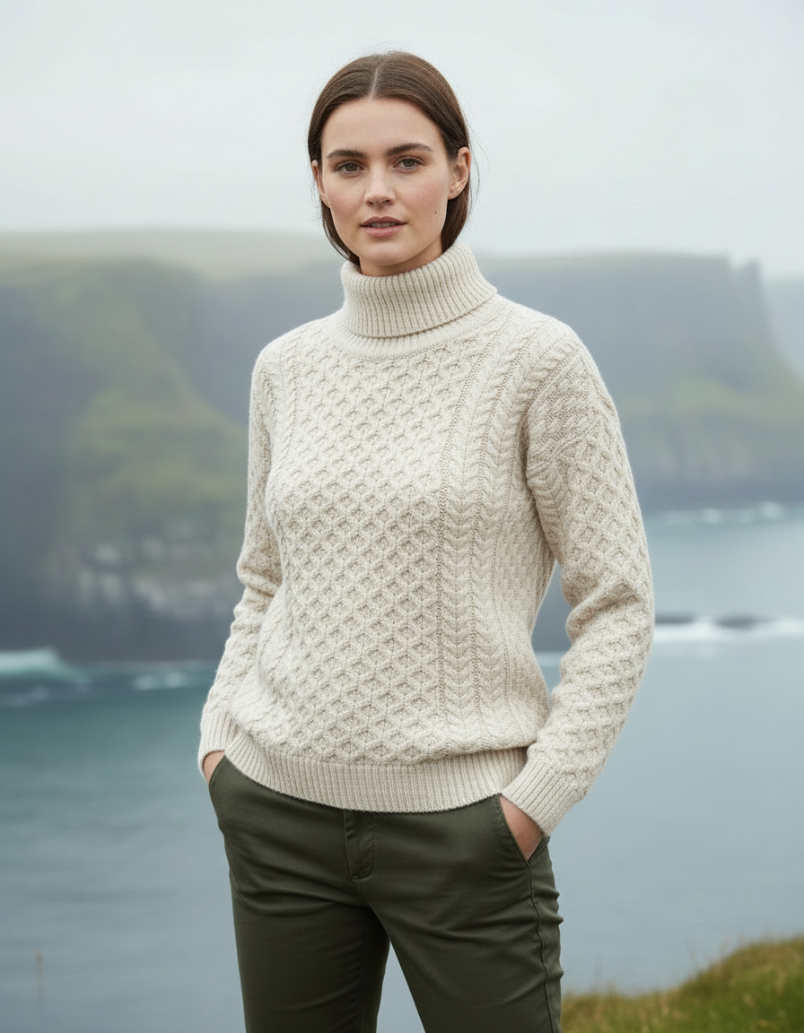 White Aran sweater coastal cliffs