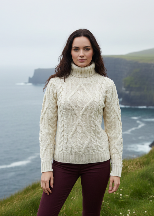 White Aran Turtleneck Sweater on Irish Coast
