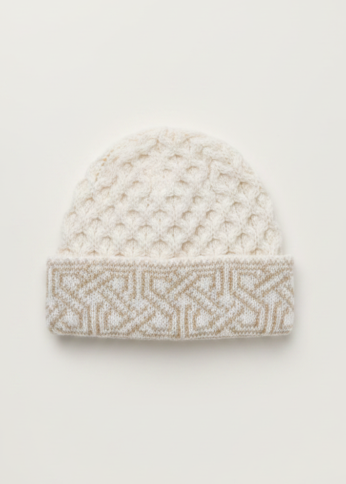 Aran Celtic Design Wool Hat - Natural