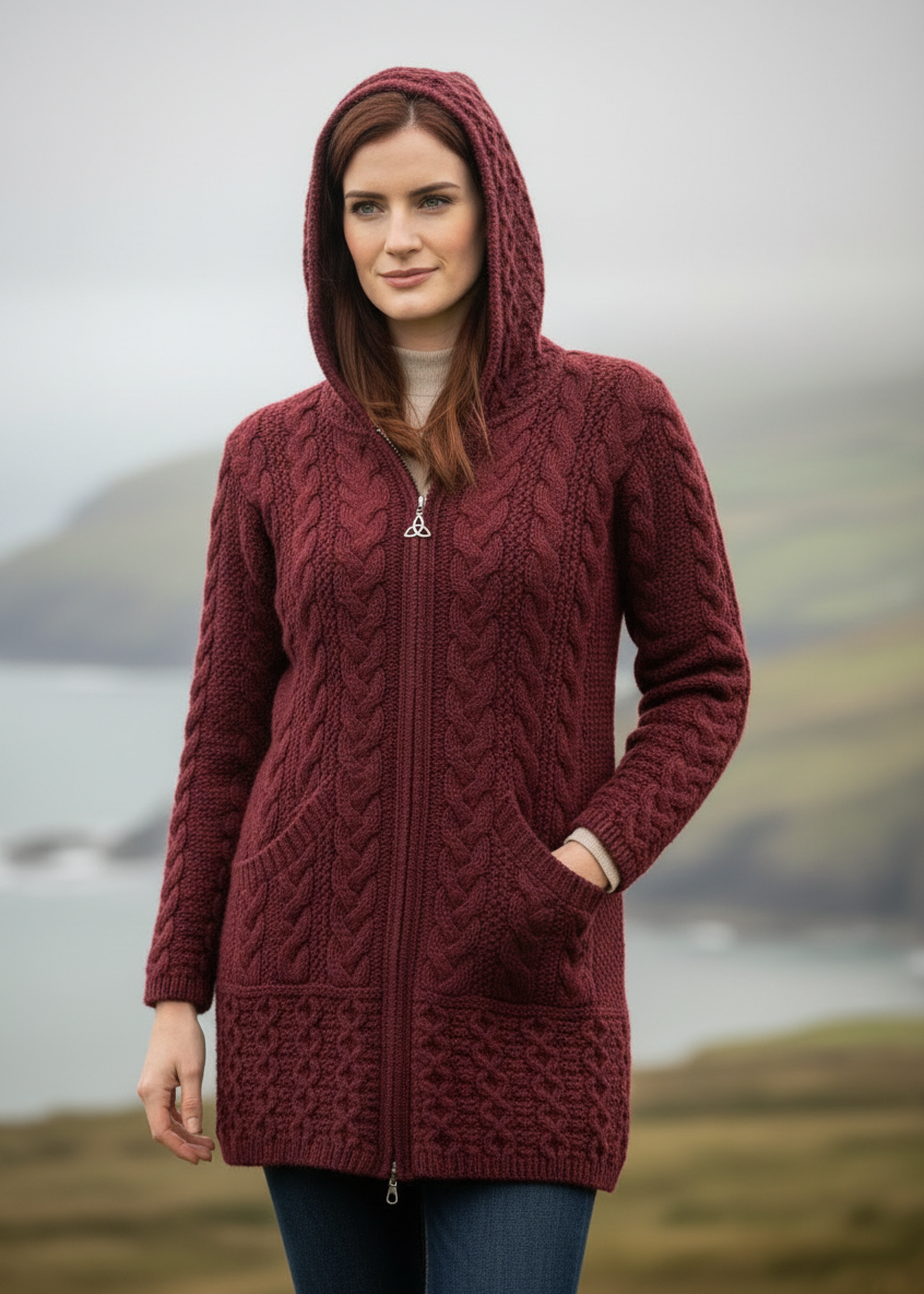 Wine Red Aran Cardigan Lifestyle 2