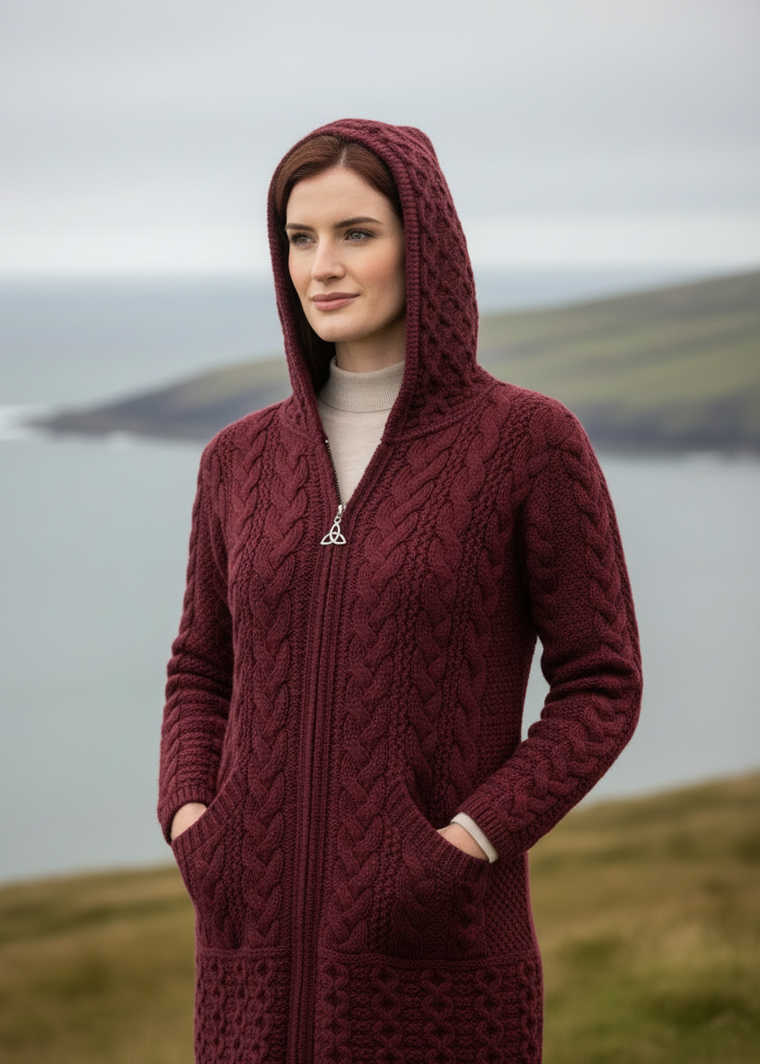 Wine Red Aran Cardigan Lifestyle 3