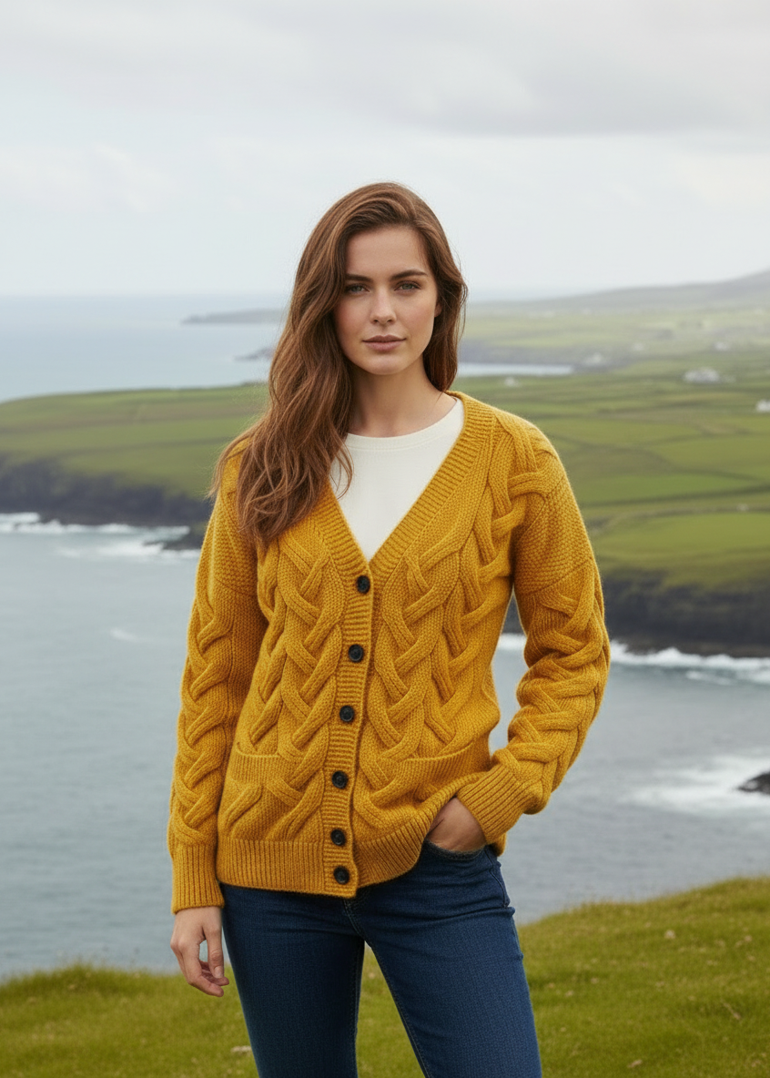 Woman in sunflower yellow cardigan on Irish coast
