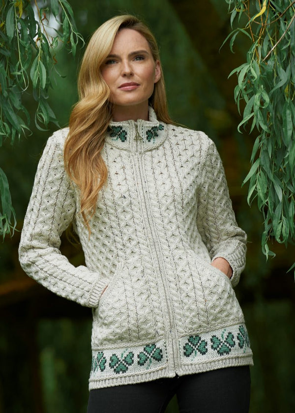 Aran Shamrock Zip Cardigan | Women's Irish Merino Wool