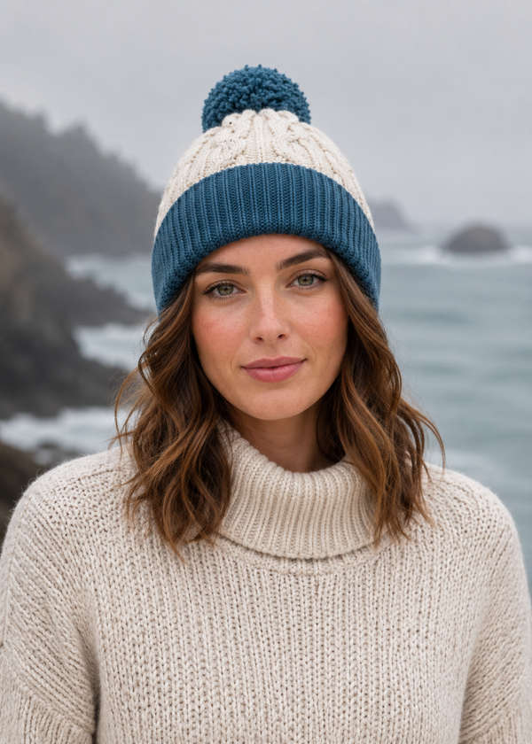 Two Tone Aran Pom Pom Hat | Oatmeal & Mallard