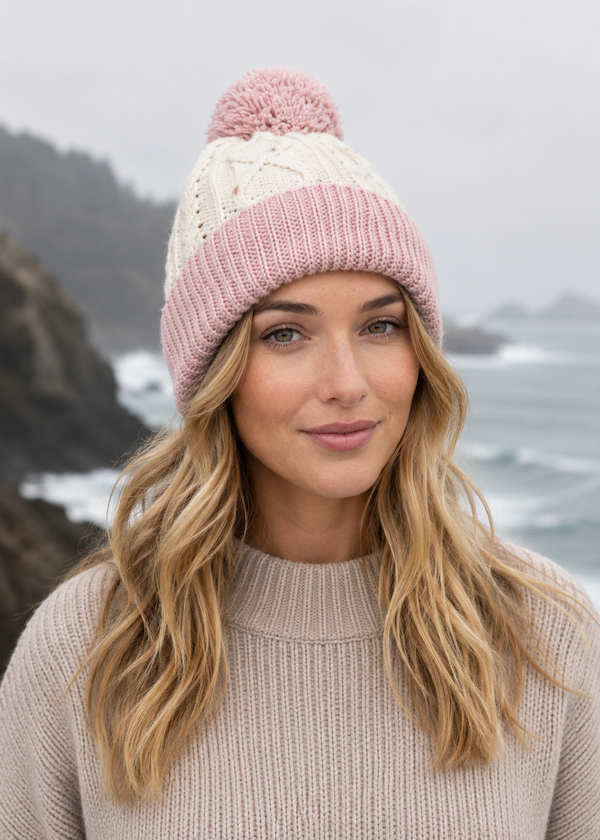 Two Tone Aran Pom Pom Hat | Natural & Pink