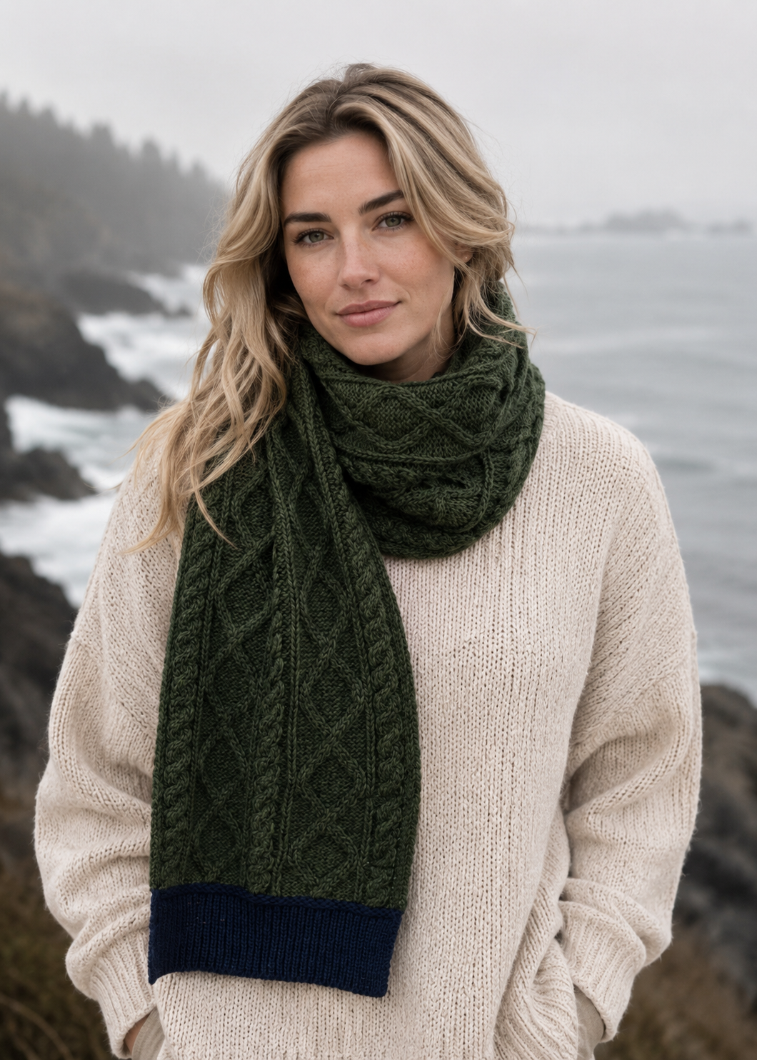 Two Tone Aran Scarf | Army Green & Navy
