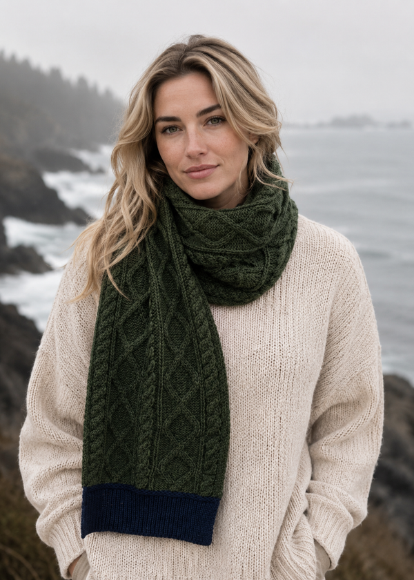 Two Tone Aran Scarf | Army Green & Navy