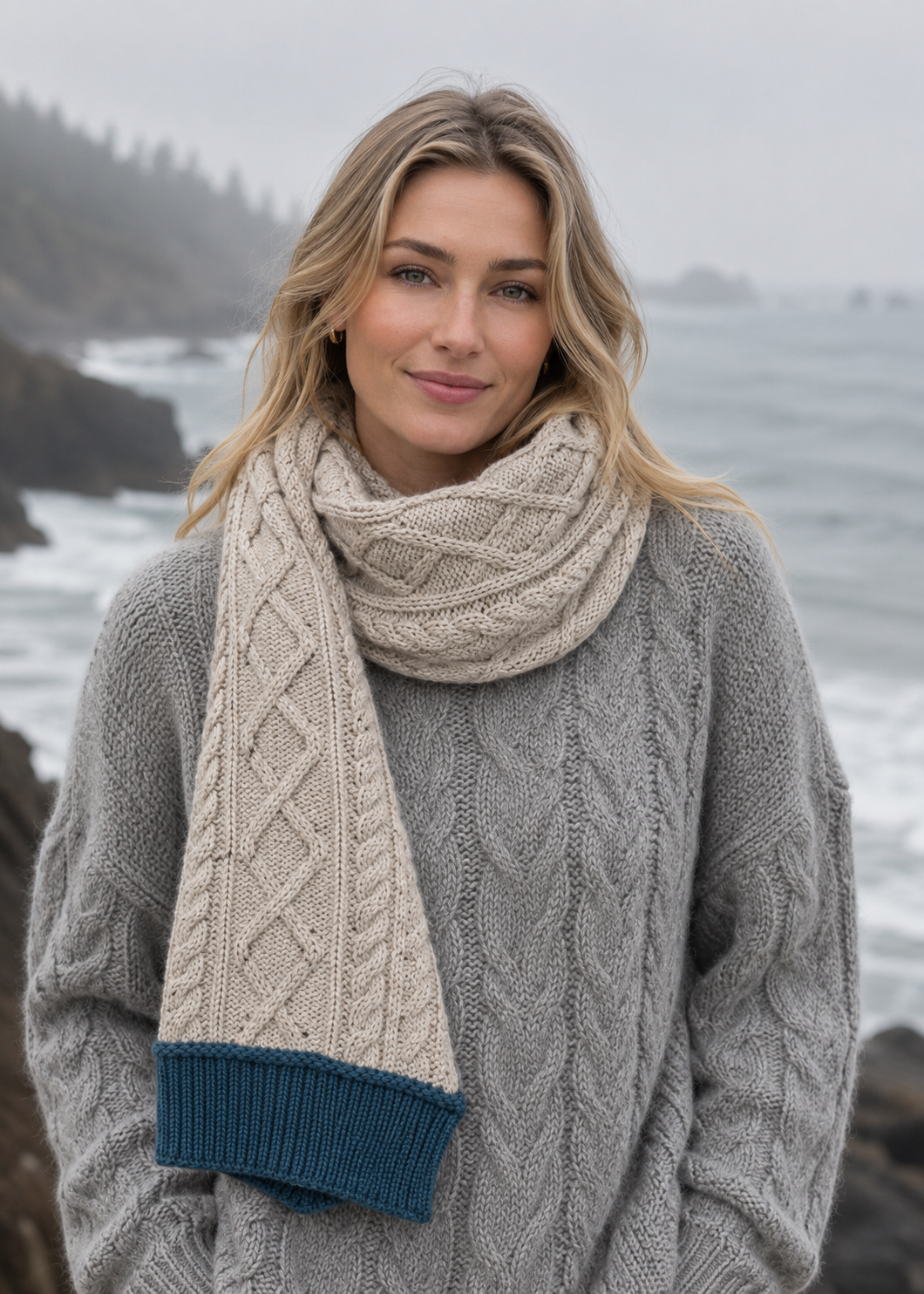 Two Tone Aran Scarf | Oatmeal & Mallard