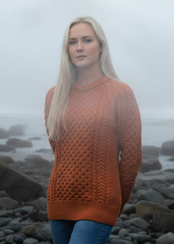 Ladies Slim-Fit Aran Sweater | Terracotta