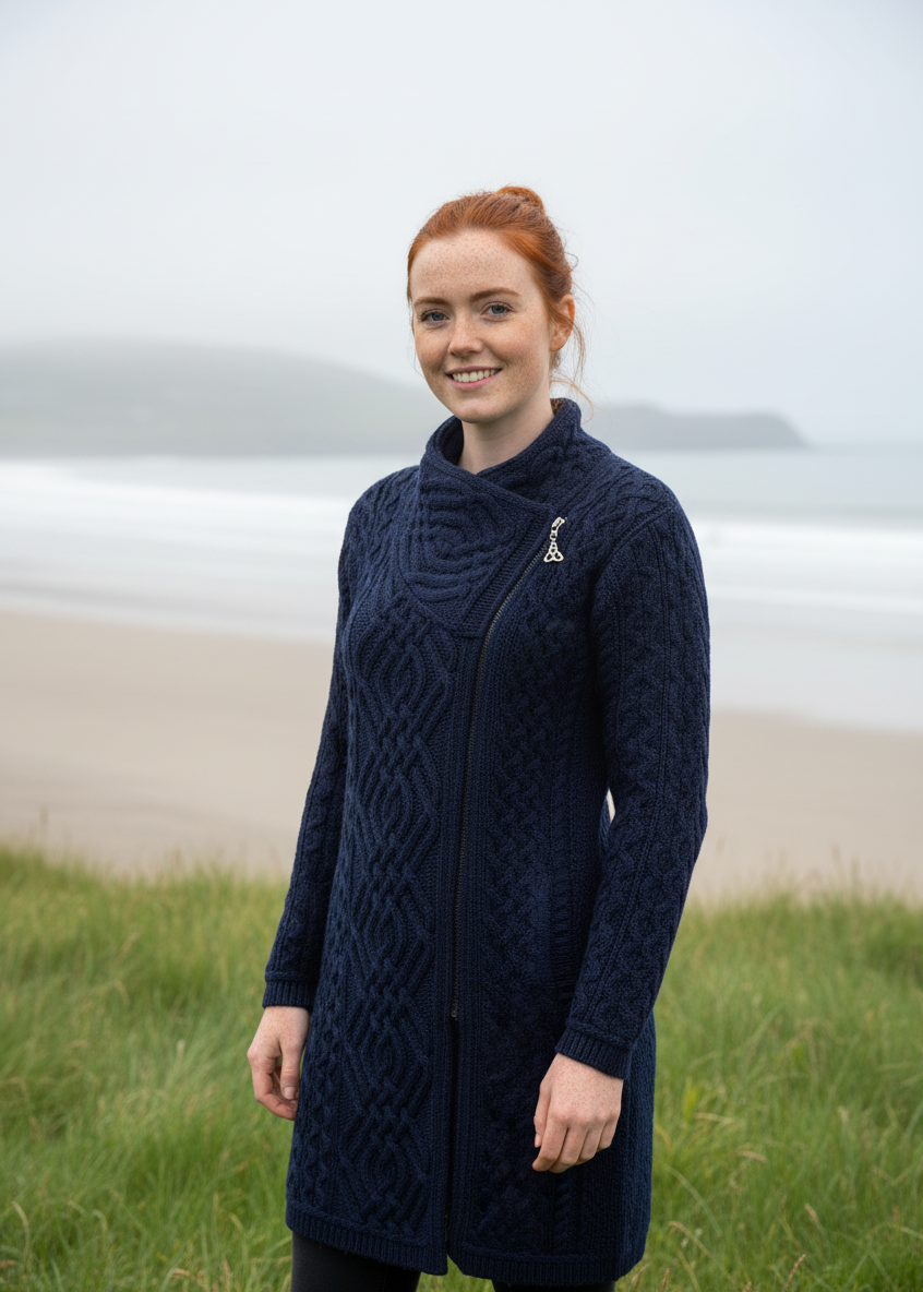 Aran Crafts Cable Knit Side Zip Coat | Blue