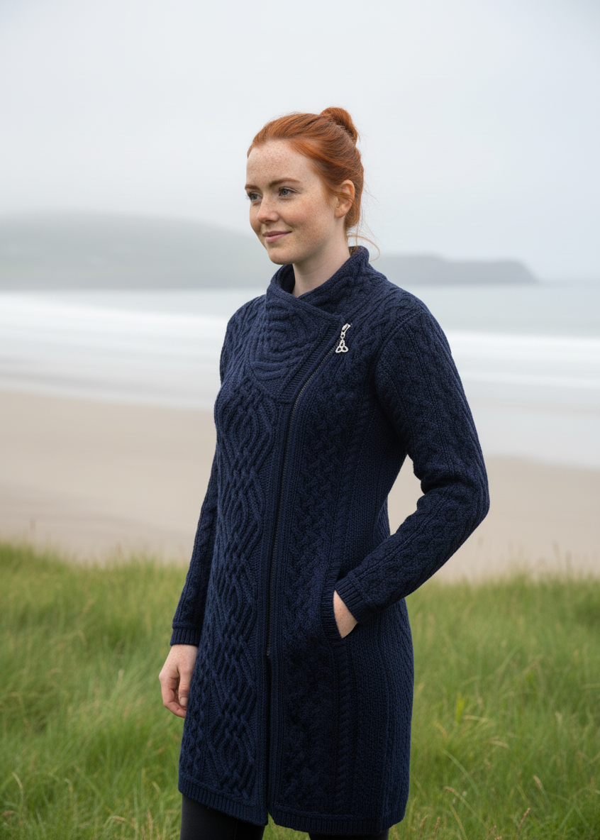Aran Crafts Cable Knit Side Zip Coat | Blue