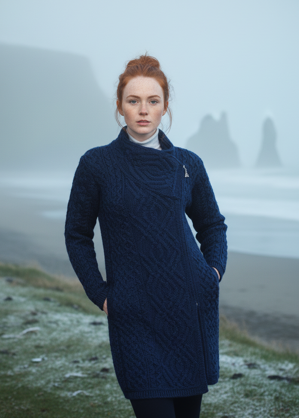 Aran Crafts Cable Knit Side Zip Coat | Blue