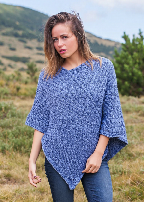 Aran Merino Wool V Poncho | Denim Marl