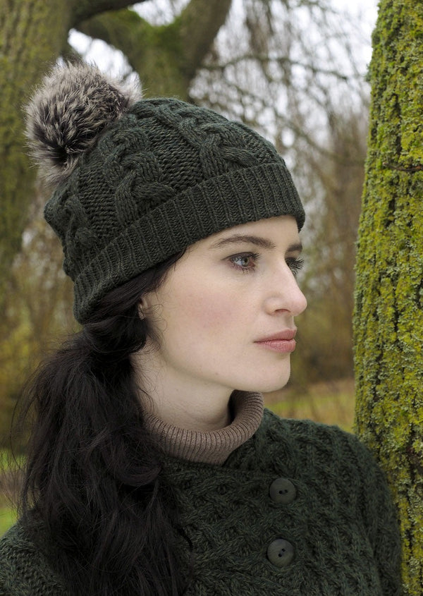 Knit Green Tweed Cable Beanie Fur Pom Pom Beanie Hat Winter 