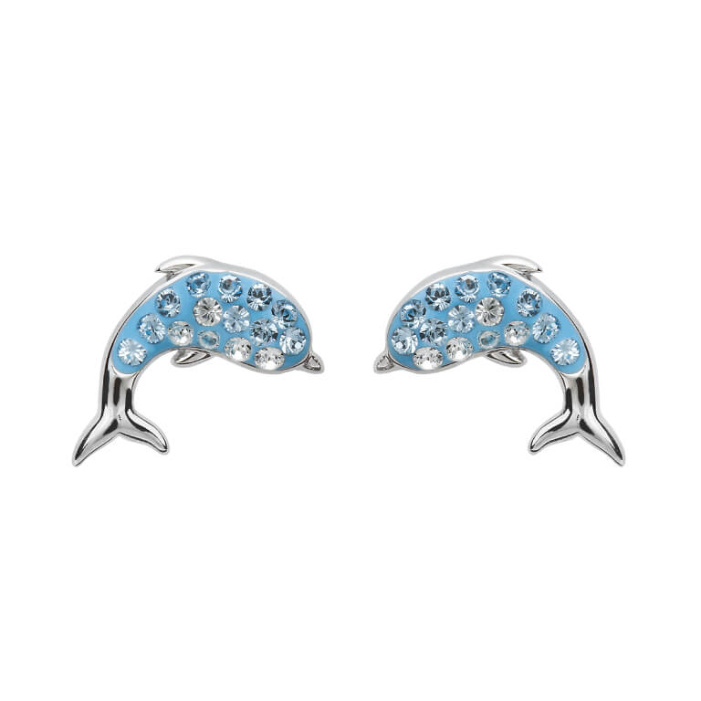 Dolphin Stud Earrings With Aqua Swarovski® Crystals