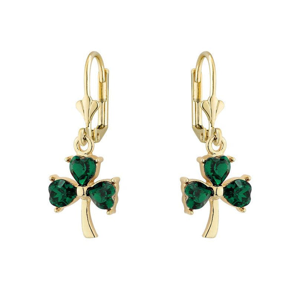 Gold Plated Green Crystal Shamrock Drop Earrings